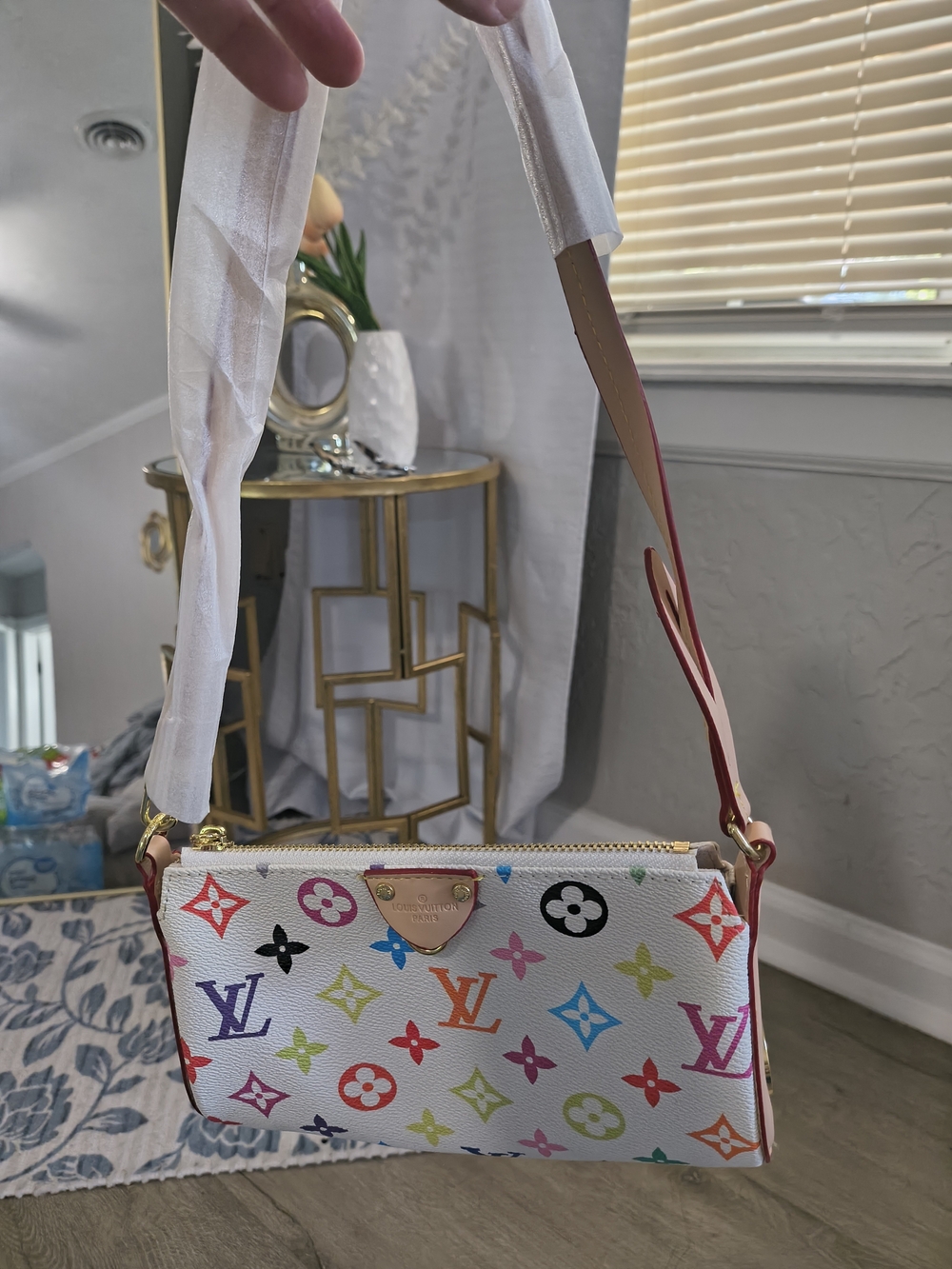 Louis Vuitton Multicolor Monogram White Canvas Shoulder Bag with Red Strap